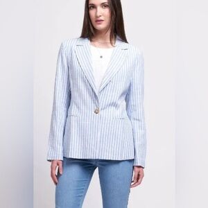 FOIL Linen Blend Single Button Blue White Striped Blazing Saddles Blazer 4